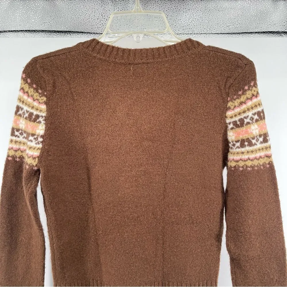 Cherokee Girl’s Brown Sequin Fair Isle V-Neck Pullover Sweater Large 8/10